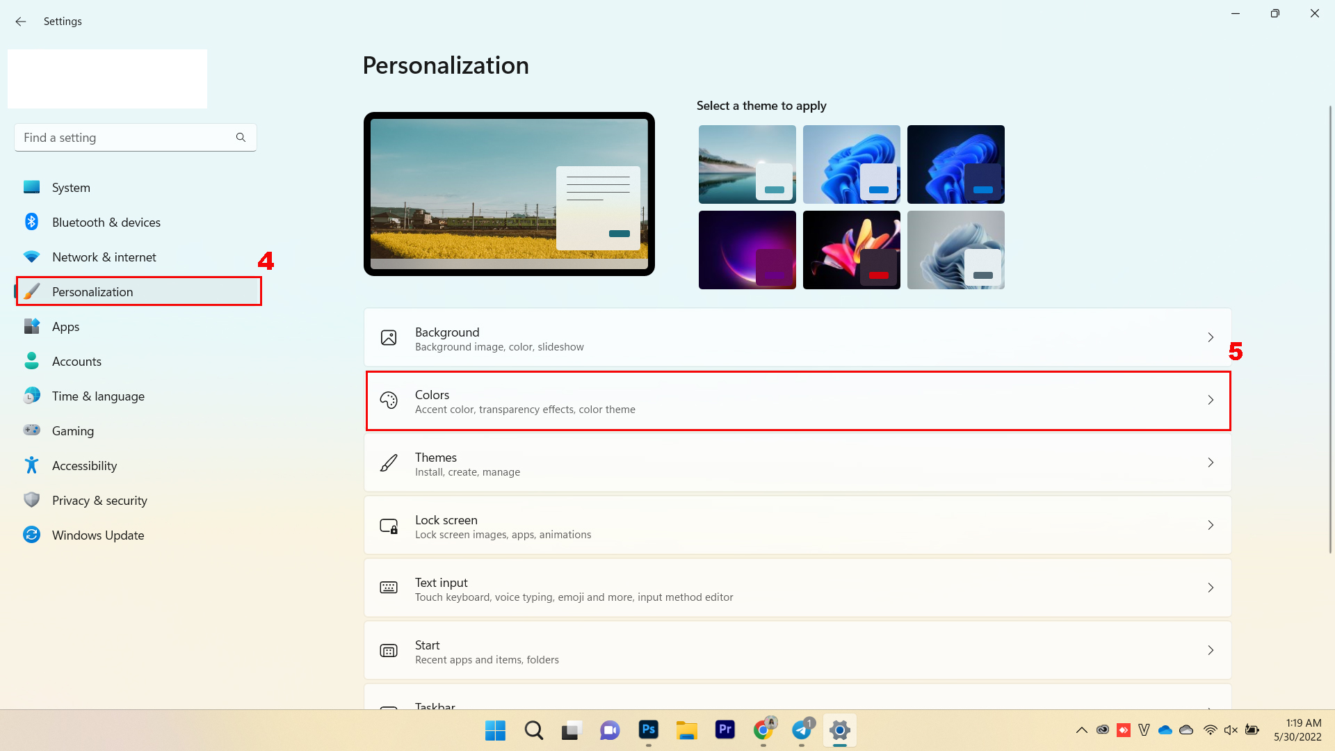 Tại Settings, bạn chọn Personalization, tiếp đó chọn Colors